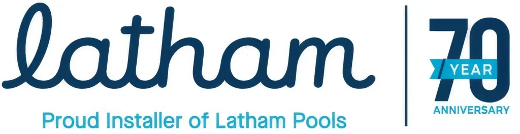 Latham logo with text: Proud Installer of Latham Pools and a badge reading 70 Year Anniversary..