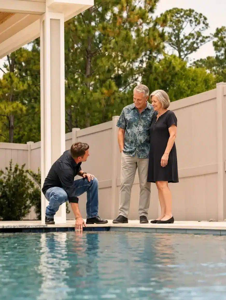A man squats by a pool, touching the water, while an older couple stands nearby, smiling at him. They are outdoors near a wooden fence and surrounded by trees.