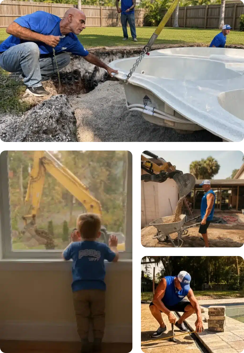A pool installation team works with heavy machinery and tools, while a young boy watches through a window, fascinated by the construction process outside.