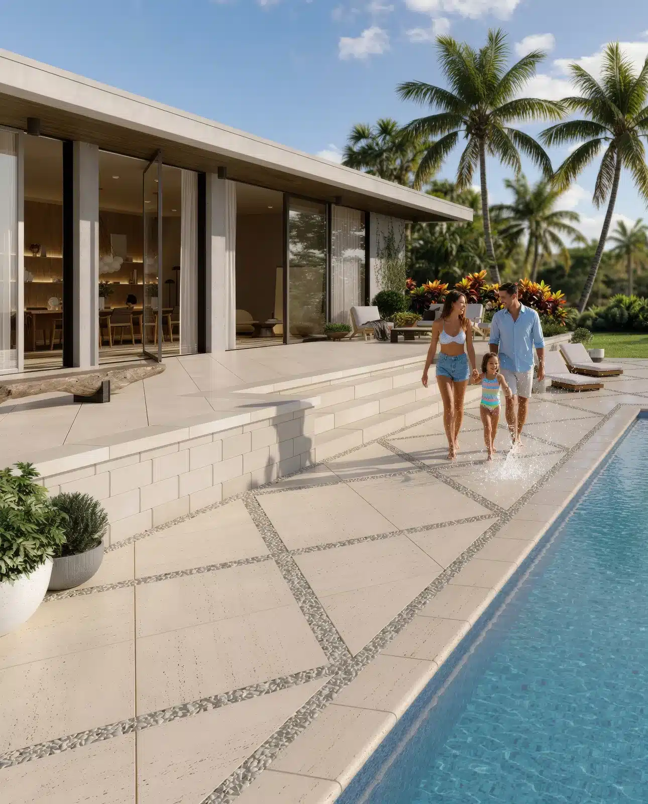 A family of three walks near a pool outside a modern house, surrounded by palm trees and greenery on a sunny day.