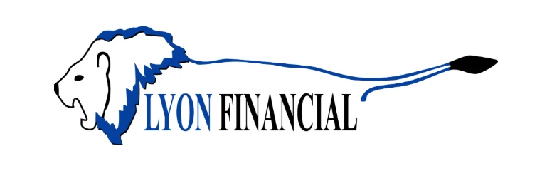 Logo of Lyon Financial featuring a blue-outlined lions head on the left, with the words LYON FINANCIAL and a blue tail curving to the right ending in a dark tip.
