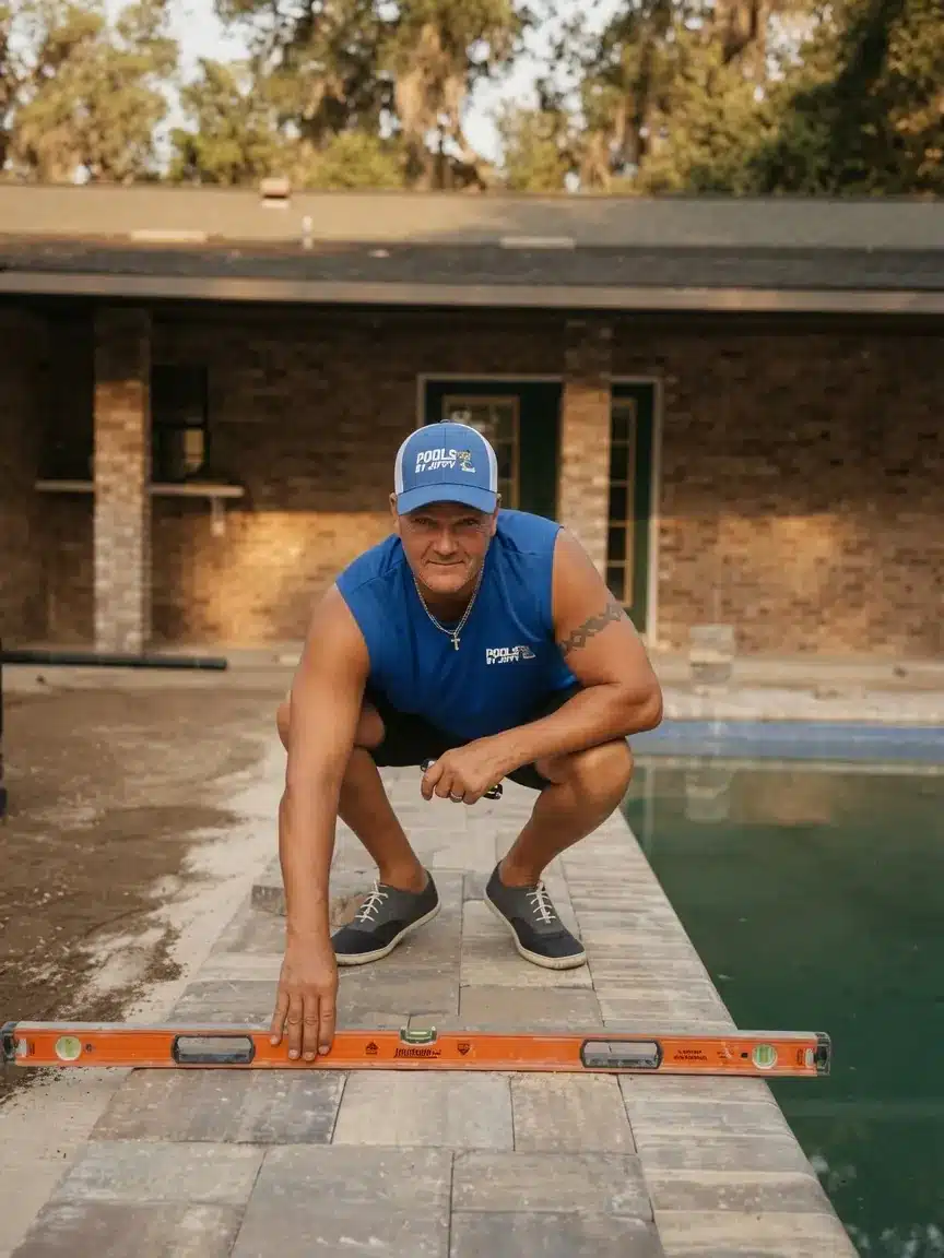 A man in a blue sleeveless shirt and cap crouches by a pool, using an orange level tool to check the alignment of poolside tiles. A brick house and trees are visible in the background.