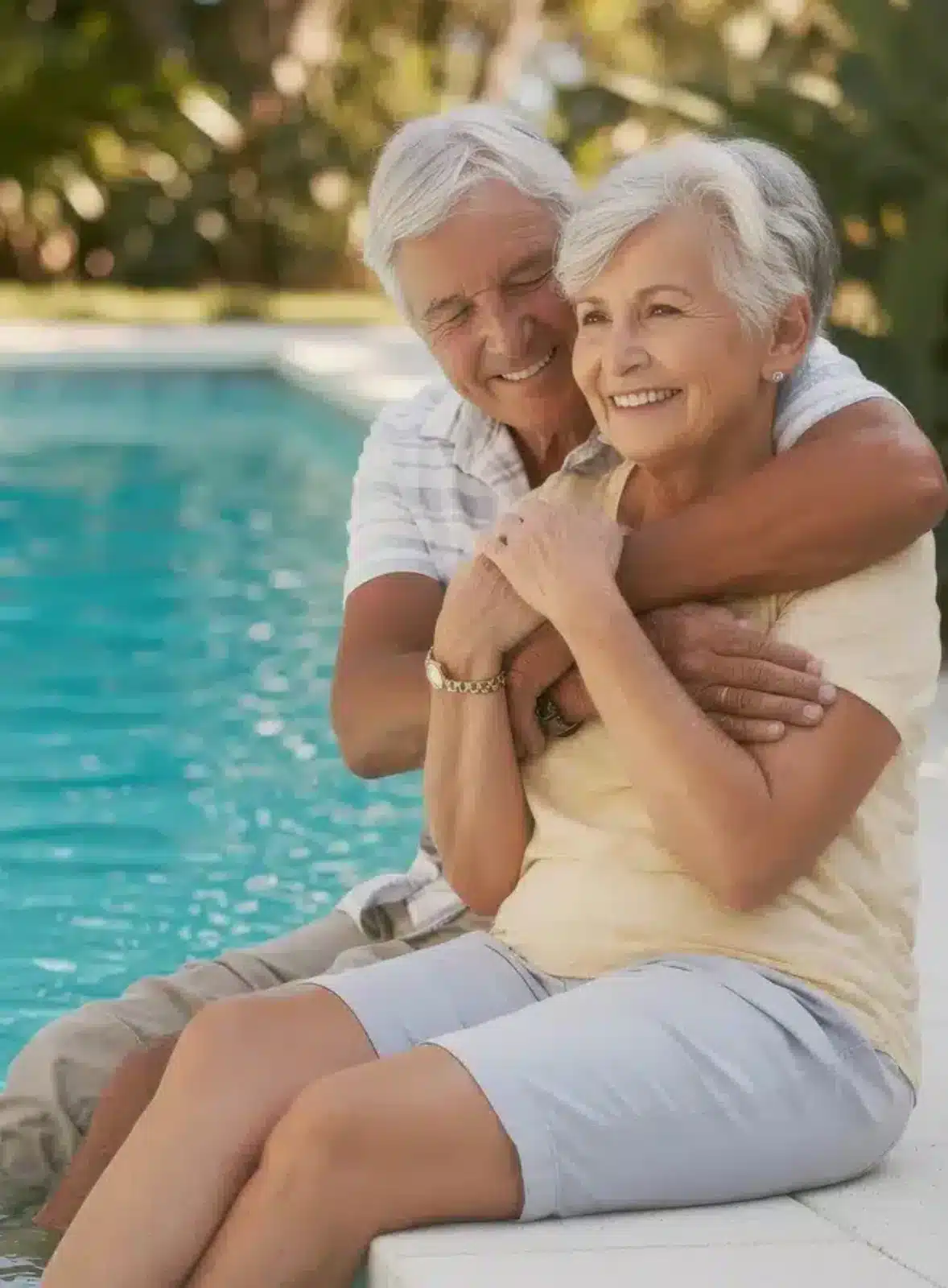 An elderly couple sits by a pool, smiling and hugging. The woman sits on the pool edge with her feet in the water, while the man hugs her from behind. They appear happy and relaxed outdoors.