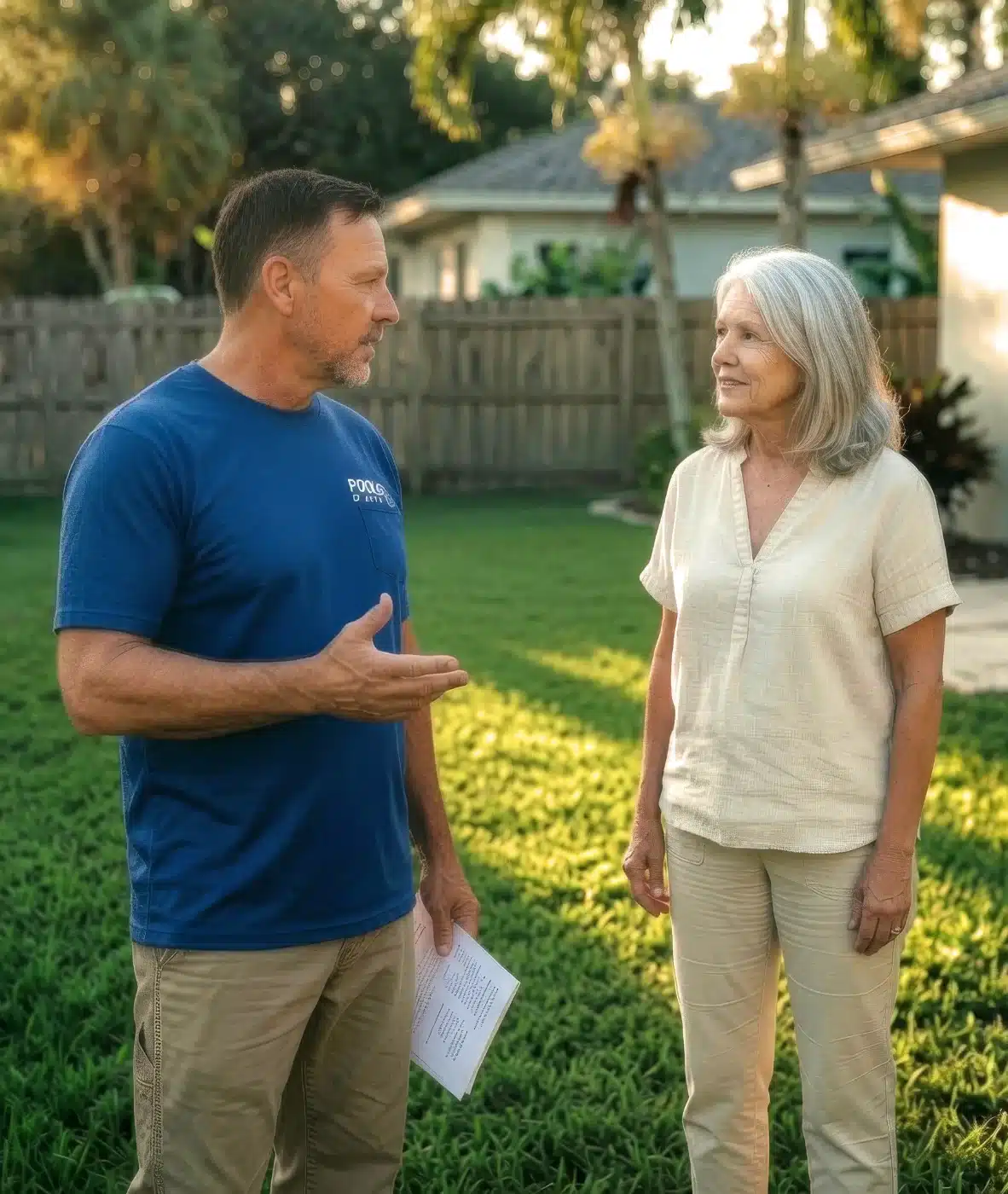 A man in a blue shirt speaks to a woman in a beige outfit in a sunny backyard. The man holds papers, and both appear engaged in conversation, with a wooden fence and palm trees in the background.