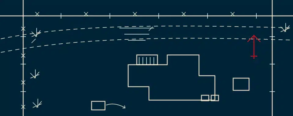 A blueprint with a building outline, dashed curved lines, scattered symbols, and a prominent red upward arrow on the right side, all on a dark blue background.