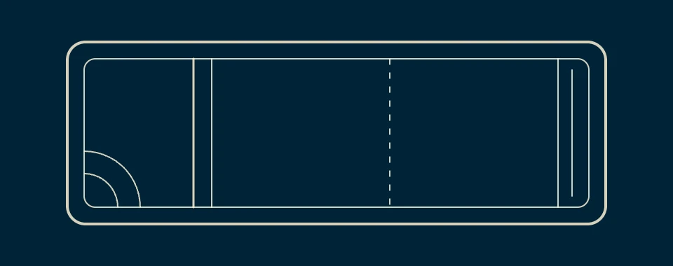 A rectangular outline with inner divisions, one end has two quarter-circle arcs, the other end has a vertical line; a dashed line divides the center. The background is dark blue.