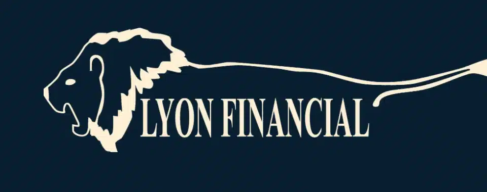 Logo with a stylized lions head and mane, followed by the text LYON FINANCIAL in capital letters on a dark blue background.