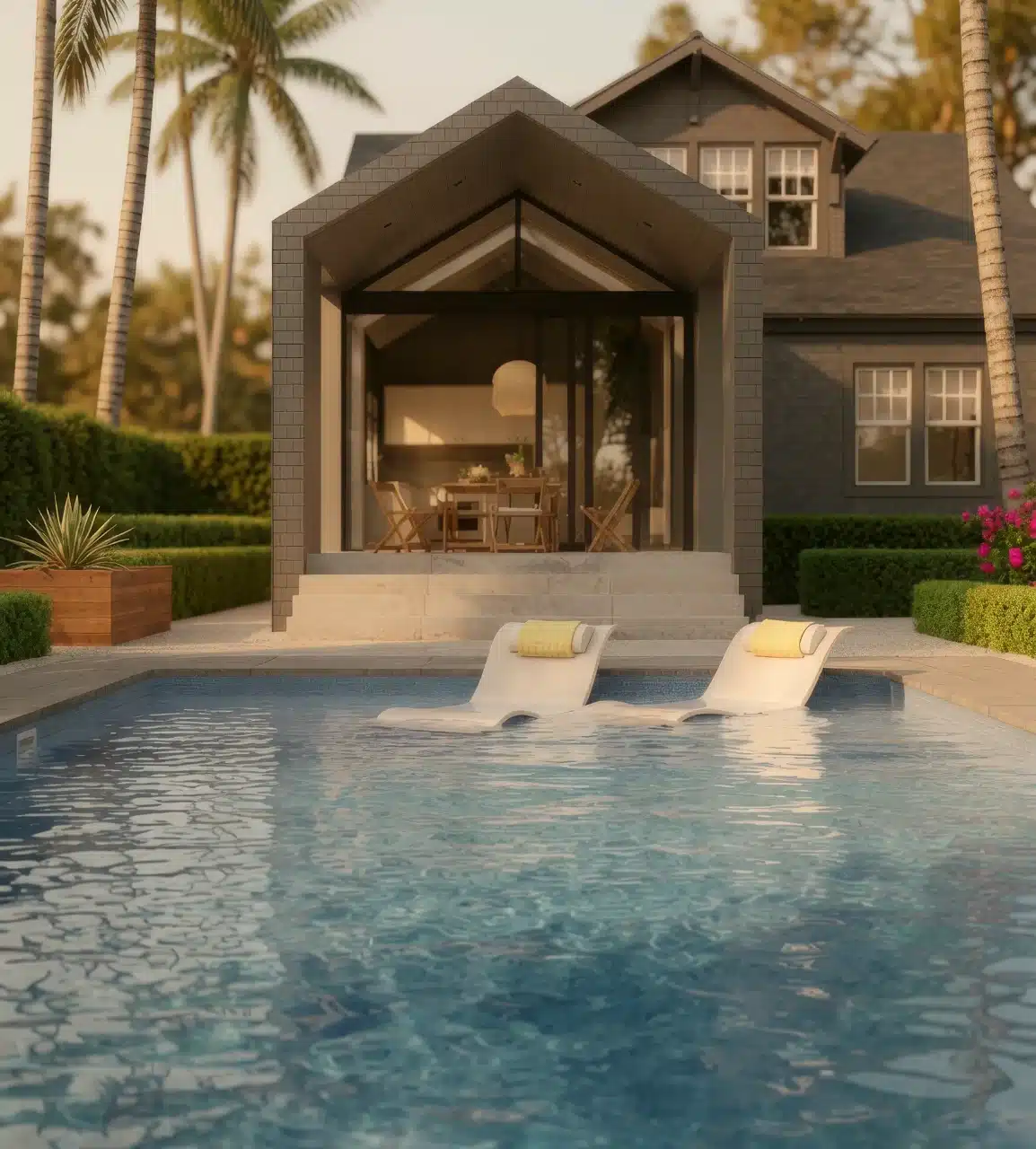 Modern house with a shaded patio and outdoor dining area, seen from a swimming pool with two white lounge chairs designed by a leading pool contractor Palm Coast residents trust. Palm trees and well-manicured hedges surround the serene backyard.