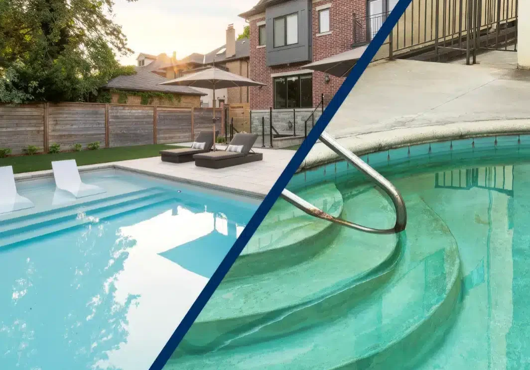 Split image: On the left, a modern backyard pool with lounge chairs and a lawn in front of a house. On the right, close-up of curved pool steps with a stainless steel handrail.