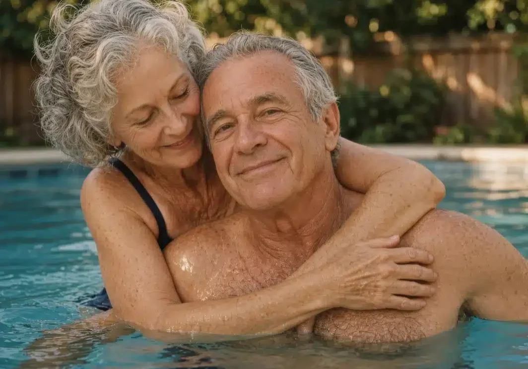 An older woman hugs an older man from behind as they smile and relax together in an outdoor swimming pool on a sunny day, with trees and a wooden fence in the background.
